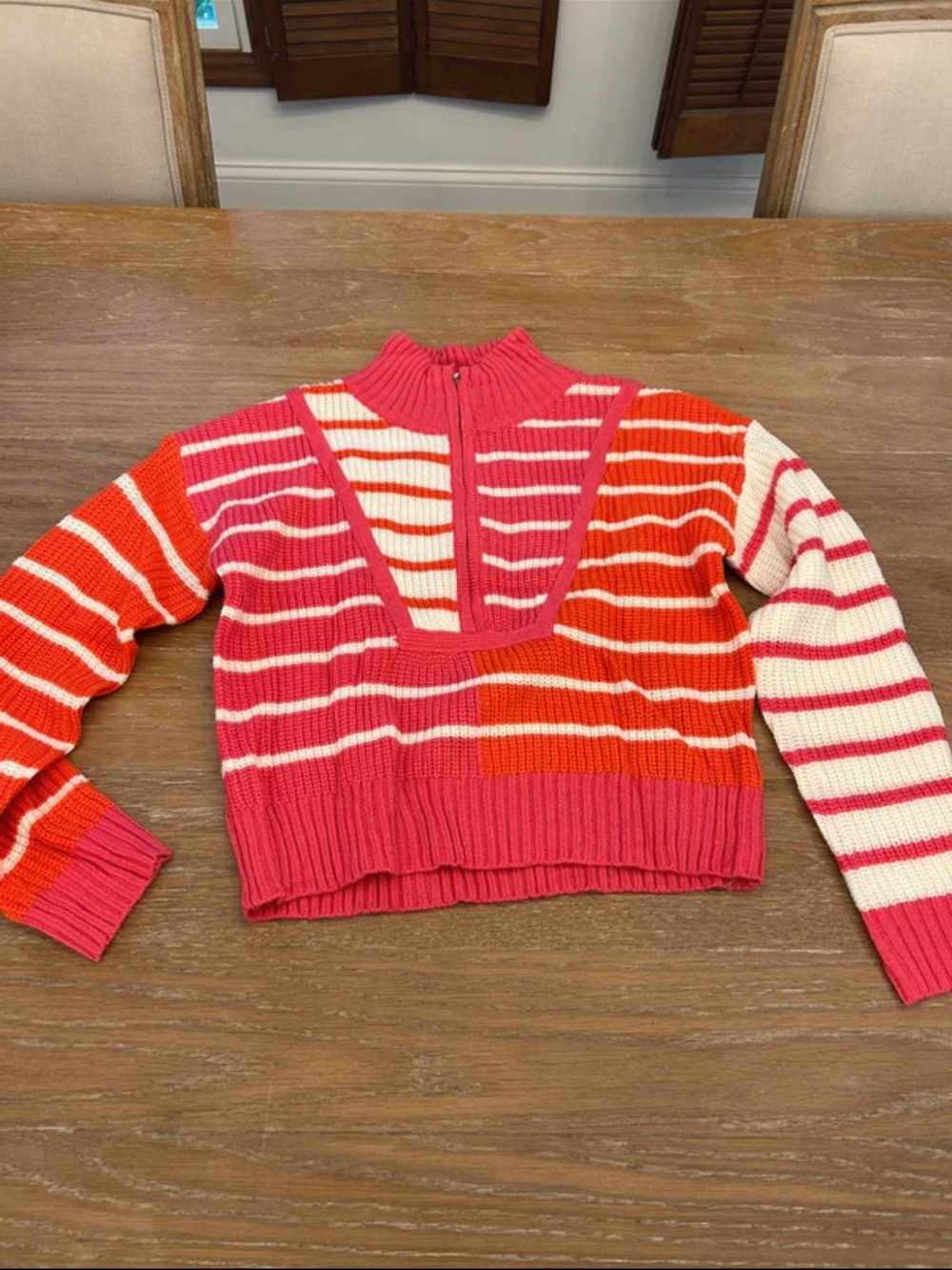 Amazon Pink & Orange Striped Cropped Mock Neck Sweater